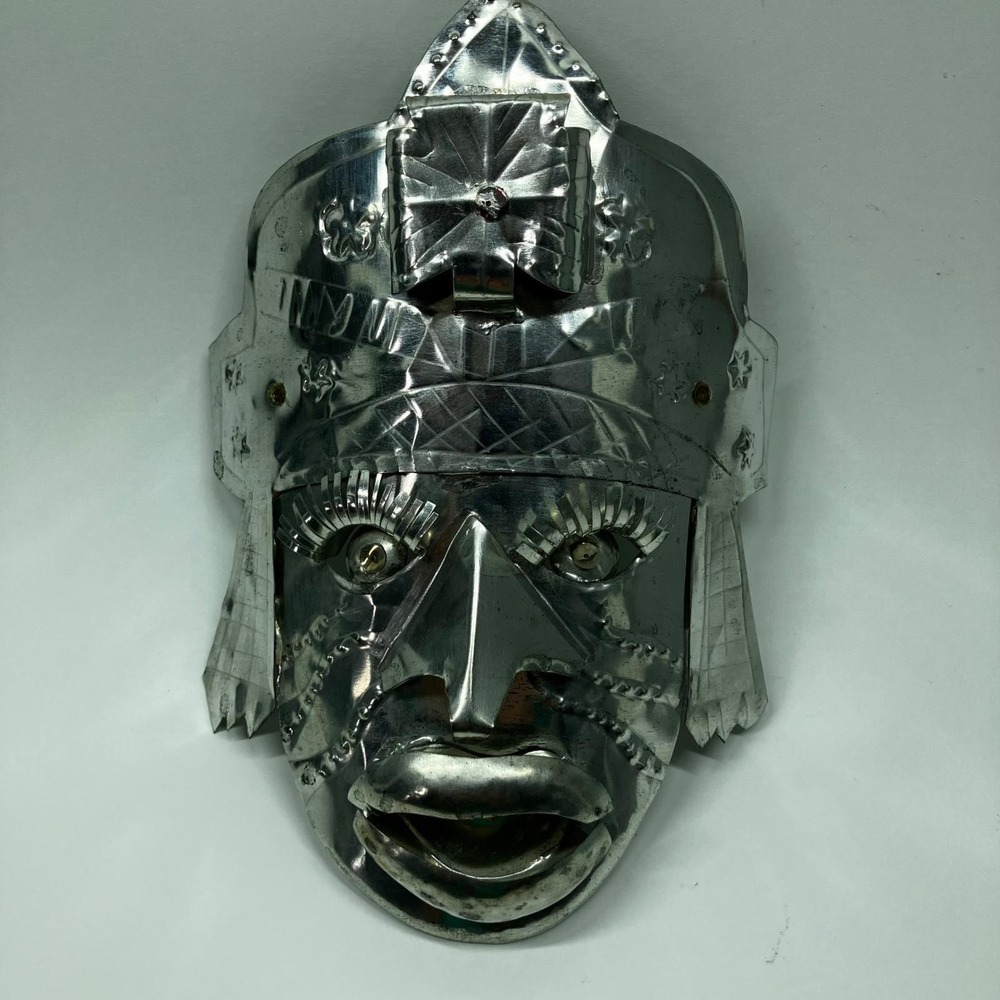 Vintage Mexican Folk Art Metal Mask Hojalata 8x6 Silver Warrior Hand Punched - Picture 6 of 12